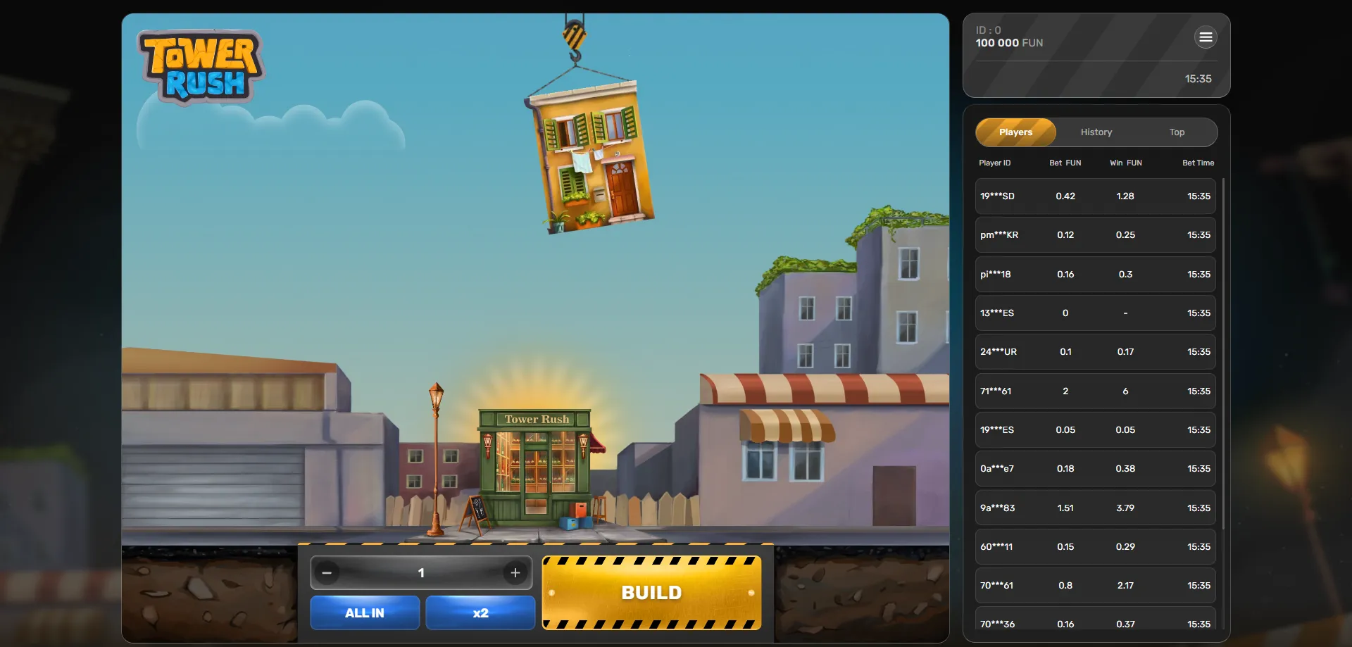 Tower Rush jeu de casino en ligne en Côte d'Ivoire — vue générale